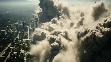 A cataclysmic and awe-inspiring scene of an earthquake, cyclone, and flood ravaging the Earthの素材