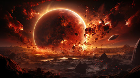 A cataclysmic and awe-inspiring scene of a planet being destroyed in a galaxy far far awayの素材