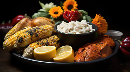 A Close-up of a Cornucopia Overflowing with Thanksgiving Foodの素材