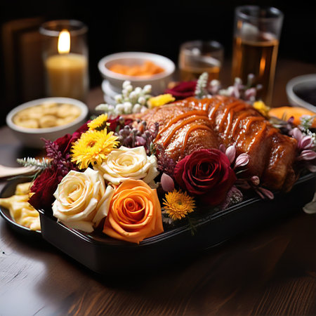 A Close-up of a Cornucopia Overflowing with Thanksgiving Foodの素材