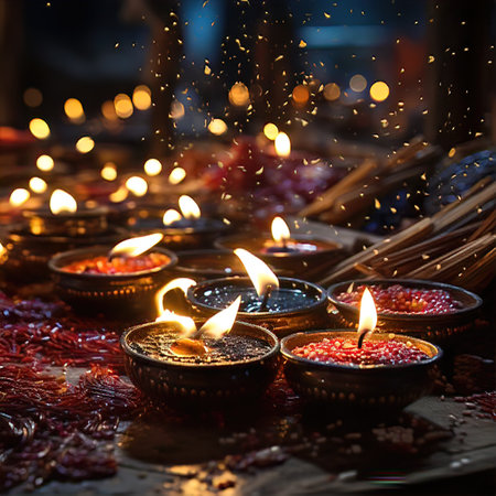 A Close-up of a Diya Lamp Glowing Brightly in The Darkness During Diwaliの素材