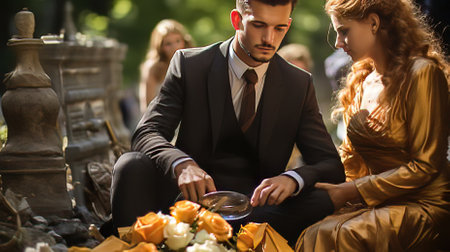 A Close-up of a Gold Star Family Sitting at The Grave of Their Fallen Soldierの素材