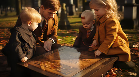 A Close-up of a Gold Star Family Sitting at The Grave of Their Fallen Soldierの素材
