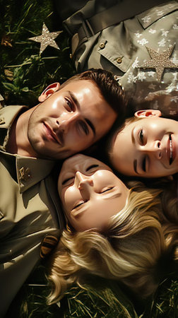 A Close-up of a Gold Star Family Sitting at The Grave of Their Fallen Soldierの素材