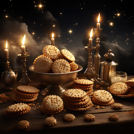 A Close-up of a Menorah Lit up with Candlesの素材