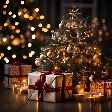 A close-up of a Decorated Christmas Tree with Twinkling Lights and Colorful Ornamentsの素材