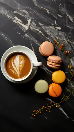 A close-up of a cup of black coffee and a cup of green tea sitting on a marble tableの素材
