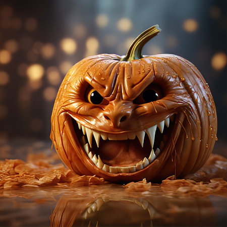 Close-up of a Carved Pumpkin sitting on a Wooden Porch During Halloweenの素材