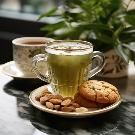 A close-up of a cup of black coffee and a cup of green tea sitting on a marble tableの素材