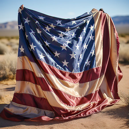 Close-up of the American Flag Waving in the Breezeの素材