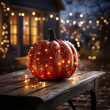 Close-up of a Carved Pumpkin sitting on a Wooden Porch During Halloweenの素材