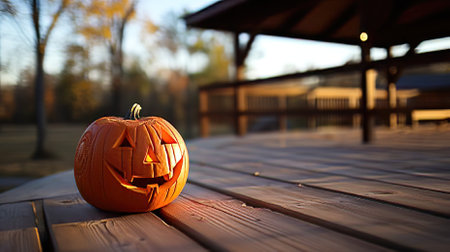 Close-up of a Carved Pumpkin sitting on a Wooden Porch During Halloweenの素材