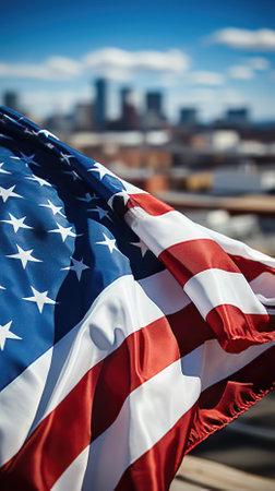 Close-up of the American Flag Waving in the Breezeの素材