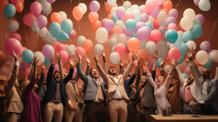 A colorful and festive image of a sale with balloons, streamers, and confettiの素材