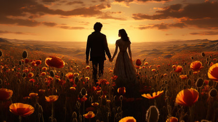 A couple walking hand-in-hand into the sunset looking forward to their future togetherの素材