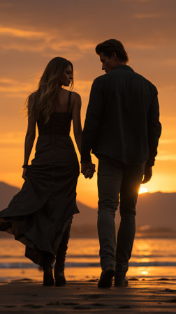 A couple walking hand-in-hand into the sunset looking forward to their future togetherの素材