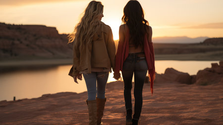 A couple walking hand-in-hand into the sunset looking forward to their future togetherの素材