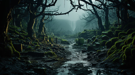 A dark and eerie scene of a mystical scary forestの素材