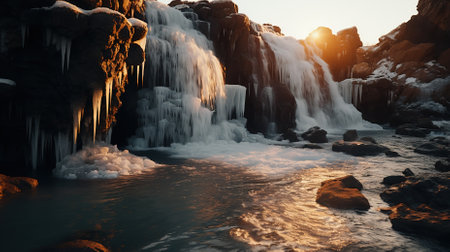 Hiking to the adventurous iceland with frozen waterfallの素材