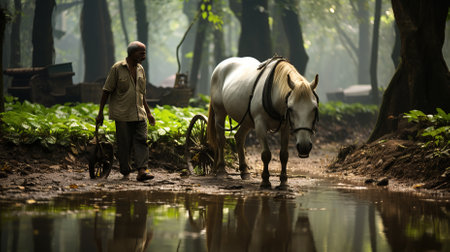 A farmer plowing his field in the hope of a bountiful harvestの素材