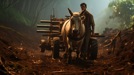 A farmer plowing his field in the hope of a bountiful harvestの素材