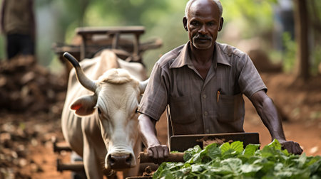A farmer plowing his field in the hope of a bountiful harvestの素材