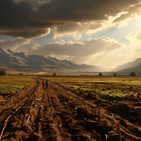 A farmer plowing his field in the hope of a bountiful harvestの素材
