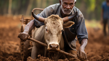 A farmer plowing his field in the hope of a bountiful harvestの素材