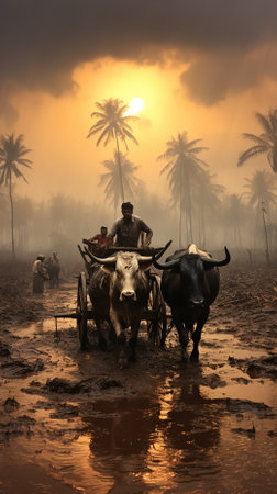 A farmer plowing his field in the hope of a bountiful harvestの素材