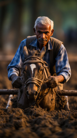 A farmer plowing his field in the hope of a bountiful harvestの素材