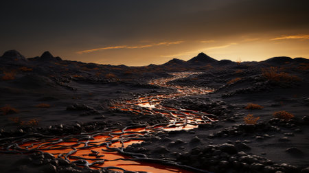 A fiery river of lava flowing through a barren landscapeの素材
