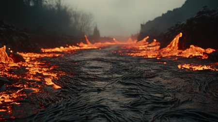 A fiery river of lava flowing through a barren landscapeの素材