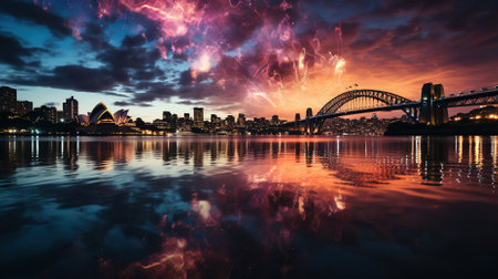 Fireworks over a bridge for a special celebration eventの素材