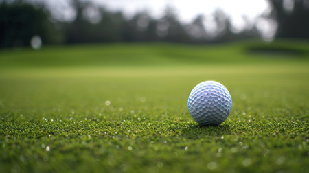 Golf ball on green grass ready to be shot in golf courseの素材