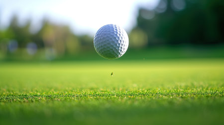 Golf ball on green grass ready to be shot into the holeの素材