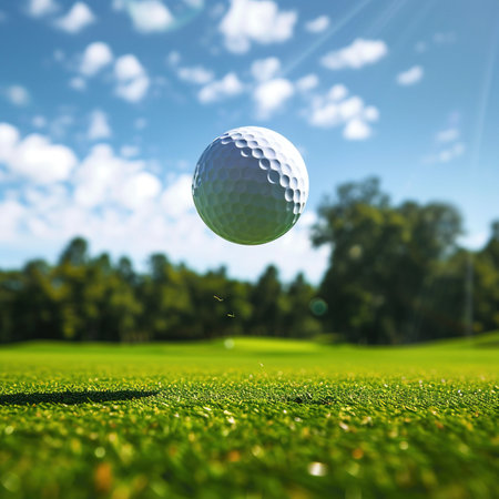 Golf ball on green grass in beautiful golf course with blue skyの素材