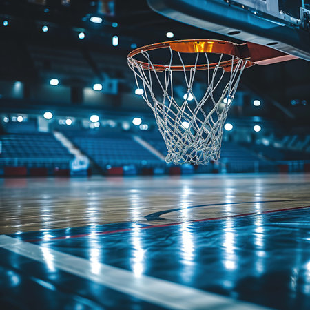 basketball game sport background, basketball hoop in sport hall and spotlightsの素材