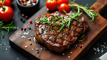 Grilled beef steak with rosemary and spices on a black background.の素材