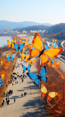 Colorful butterflies flying on the road in the city park at sunsetの素材