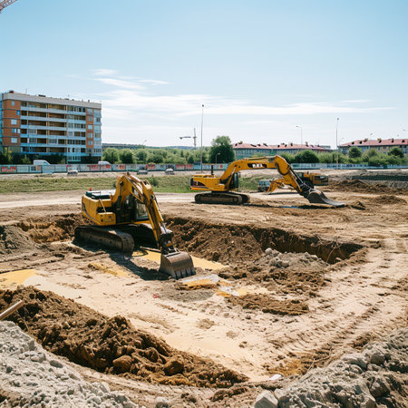 Excavator digs the ground for the foundation of a new residential building.の素材