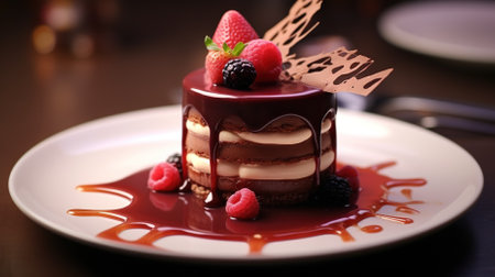 Piece of chocolate cake with berries on a white plate in a restaurantの素材