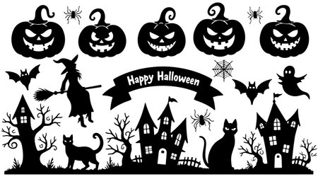 Halloween black silhouettes on white background. Vector illustration for your designのイラスト素材