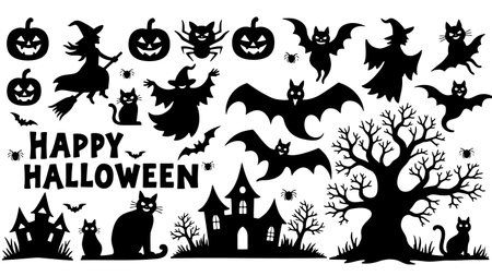Halloween set of silhouettes isolated on white background. Vector illustration.のイラスト素材