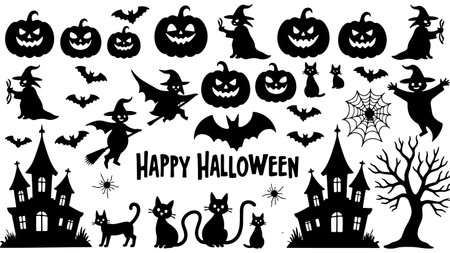 Halloween black silhouettes set isolated on white background. Vector illustrationのイラスト素材