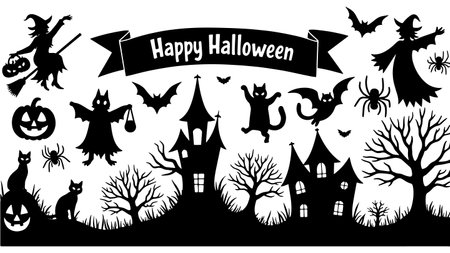 Halloween set of silhouettes isolated on white background, vector illustrationのイラスト素材