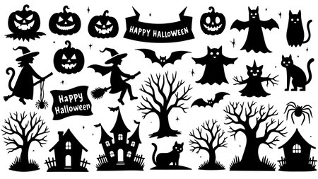 Halloween black silhouettes isolated on white background. Vector illustration.のイラスト素材
