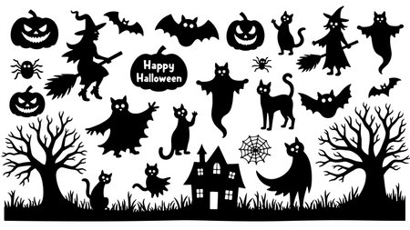 Halloween black silhouettes isolated on white background. Vector illustration.のイラスト素材
