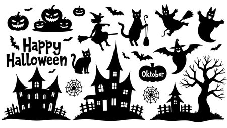 Halloween silhouettes set. Black and white. Vector illustration.のイラスト素材