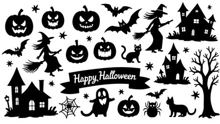 Halloween black and white silhouettes. Vector illustration for your designのイラスト素材