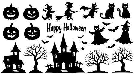 Halloween black silhouettes isolated on white background. Vector illustration.のイラスト素材